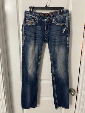 Rock Revival Women’s Dark Blue Kai Straight Leg Jeans with Embroidered Pockets